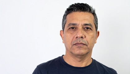 Obraz premium 白い背景に浮かび上がる中年ビジネスマンの真剣な眼差し。白髪と肌のリアルな質感が人生経験を物語る。