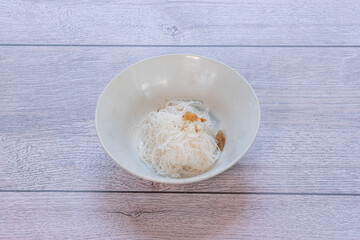 Noodles are made from rice flour, wheat flour, and eggs. They are white and yellow.