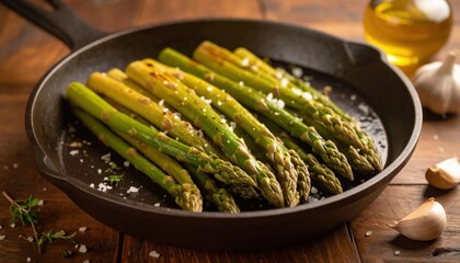 Freshly sautéed asparagus in cast iron skillet with seasoning on wooden table