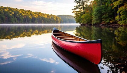 Fototapeta premium Red canoe on scenic lake reflecting lush autumn forest and clear sky