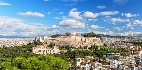 View of Acropolis from the Philopappos Hill in sunny day, Athens, Greece.