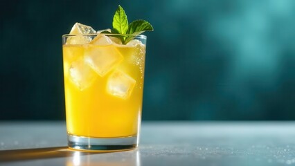 Refreshing Yellow Citrus Beverage with Ice Cubes and Mint Garnish in Glass