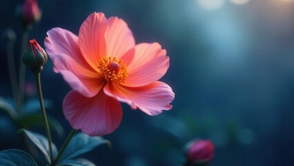 A Delicate Coral Blossom in Soft Light, a Single Flower Illuminated by the Gentle Glow of Dawn, Surrounded by Unopened Buds