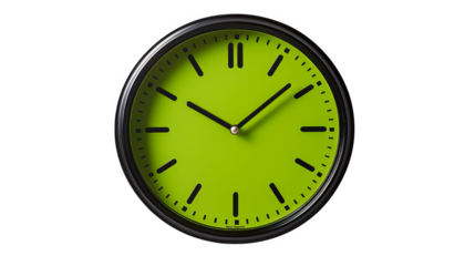 Round wall clock with green face and black hour markers and hands showing time as 1009, with black frame and small red