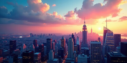 A vibrant sunset casts a warm glow over a dense cityscape, illuminating skyscrapers and the sprawling urban landscape below.