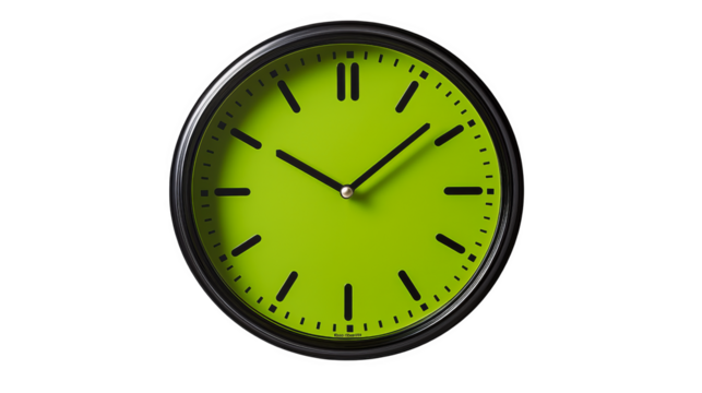 Round wall clock with green face and black hour markers and hands showing time as 1009, with black frame and small red