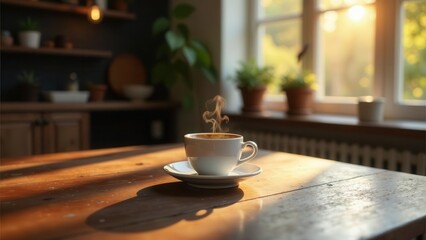 Warm Morning Coffee Steam Rising from a Cup on a Rustic Wooden Table by a Sunlit Window