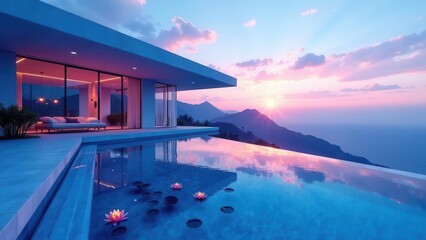 Serene Sunset Vista Modern Architectural Home with Infinity Pool and Tranquil Floating Flowers