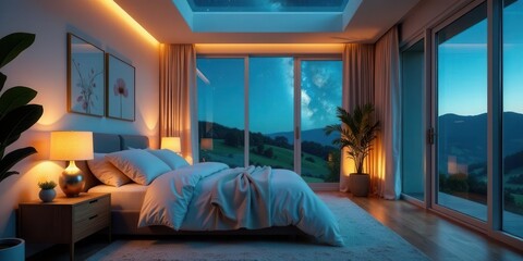 Serene Nighttime Bedroom Sanctuary with Starry Sky View and Soft Warm Lighting