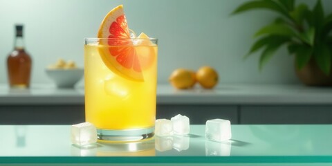 Refreshing Citrus Beverage with Ice Cubes on a Glass Surface