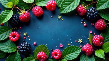 A vibrant arrangement of summer berries, showcasing plump raspberries and blackberries nestled amongst lush green leaves, forming a captivating border around a deep blue background.