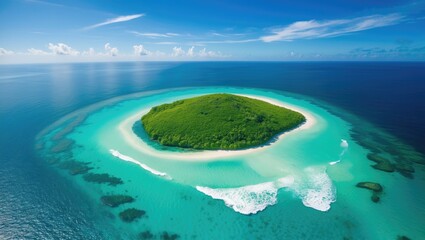 Obraz premium Overhead perspective of a small emerald island in the ocean