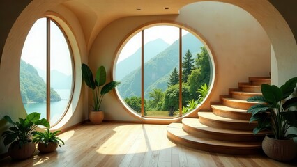 Serene Interior Design  Wooden Staircase Ascending Towards Panoramic Mountain Views Through Circular Windows
