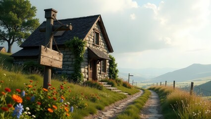 Rustic Stone Cottage on a Hillside Path with Blank Wooden Signpost and Vibrant Wildflowers