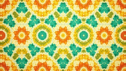 Vibrant Floral Kaleidoscope Pattern Featuring Interlocking Designs of Flowers and Leaves in a Symmetrical Arrangement on a Creamy Background