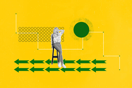 3D collage design composite trend artwork sketch of young lady sit armchair arrow point way direction trader job manager hiring business