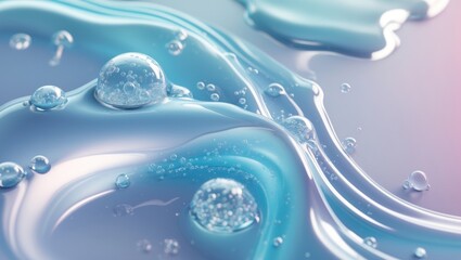 Cosmetic gel product featuring a clear serum texture and bubbles in close-up