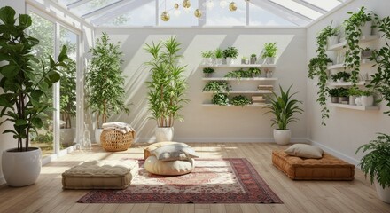 Airy sunroom with plants, cushions, and rug