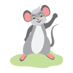 Cute mouse waving hand. Greeting. Flat vector illustration isolated on white background.