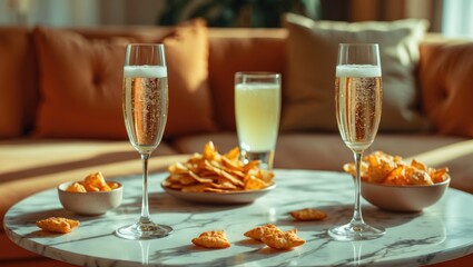 Table set with Prosecco flutes and snacks