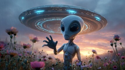 A humanoid alien in a rain drenched meadow gazes at a disc shaped ufo at dawn, evoking wonder