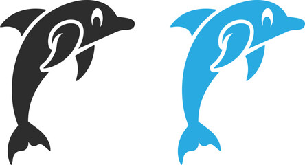Fototapeta premium Dolphin logo in minimalist style, jumping dolphin icon, dolphin silhouette in black and blue colors.