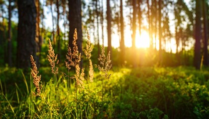 Wild grass in the forest at sunset, shallow depth of field, Abstract summer background, vintage filter