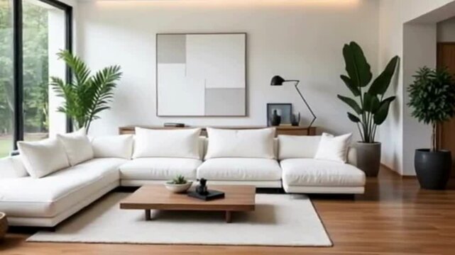 Interior shot of a modern living room with large windows, clean white furniture, indoor plants, and minimalistic decor