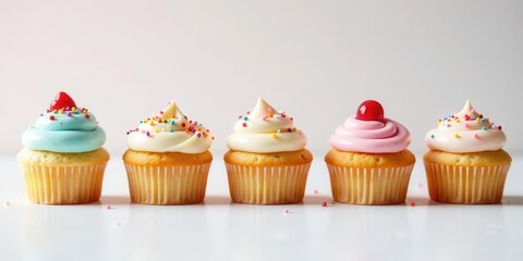 A delightful row of five assorted cupcakes, each adorned with colorful sprinkles and creamy frosting, presented on a bright white surface, perfect for celebrations and sweet moments.