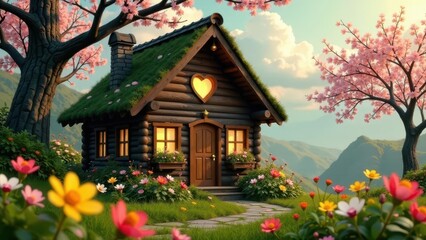 Charming Log Cabin nestled in a vibrant Spring landscape, surrounded by blooming flowers and blossoming trees, a peaceful idyllic scene
