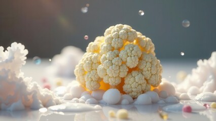 A Delicate Cauliflower Floret Rests on a Bed of Creamy Foam, Surrounded by Bubbly Translucence and Pastel Confetti.