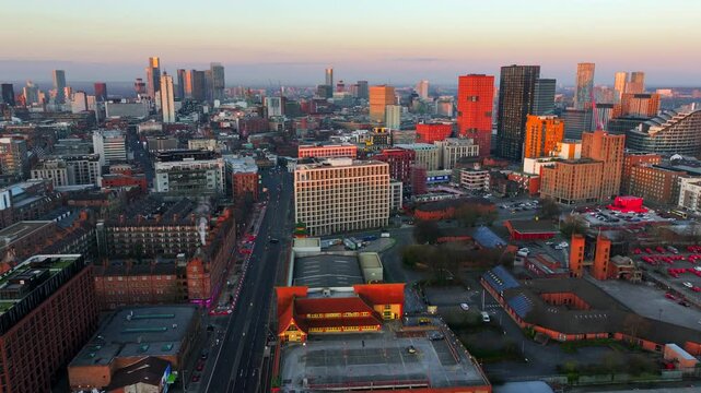 Aerial video of Manchester northern quarter area cityscape at sunrise