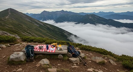 Bench at mountain peak overlooking distant mountains and clouds during picnic break
