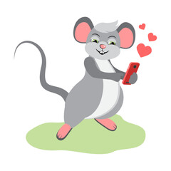 Cute cartoon mouse animal with phone. Online social communication on applications. Heart and love emoji icon. Vector illustration isolated on white background.