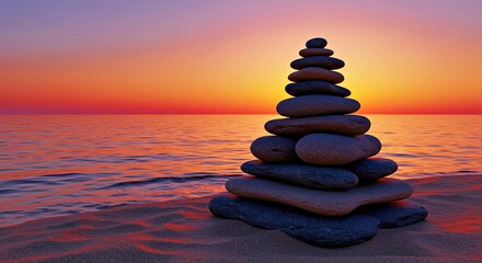 Obraz premium Tranquil Stones Pyramid on Seashore Against Vibrant Sunset Sky Coastal Horizon