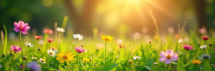 Vibrant wildflowers in a lush green meadow bathed in the warm glow of spring sunlight  Perfect for nature, springtime, and floral themes  ,  sun,  season,  bloom