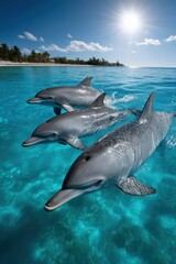Obraz premium Dolphins swimming in tropical turquoise water near coastline