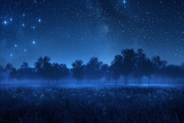 Night Sky Star. Blue dark night sky with many stars above field of trees