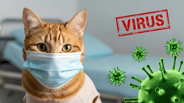 Cat Wearing Medical Face Mask with Virus Icons &ndash; Pandemic Pet Health Concept