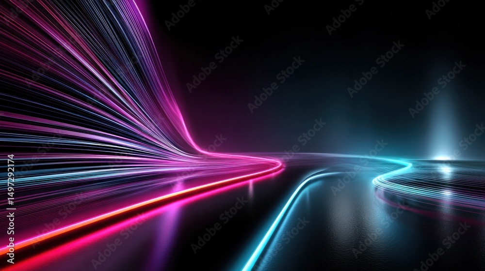 Poster light trails illuminating dark futuristic landscape with glowing lines