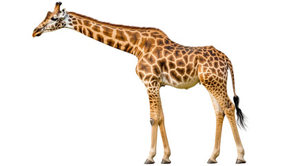 Fototapeta premium Standing giraffe, long neck and spotted wildlife, giraffe height standing giant, giraffe majesty high neck wildlife, long neck king giraffe, on a transparent backgrounds