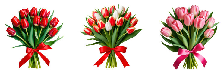 Fototapeta premium Collection of various tulip bouquets with ribbon isolated on transparent background