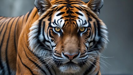 Fototapeta premium Regal tiger cut out against a white background featuring clipping path. The tiger focuses on its victim. Hunting motif