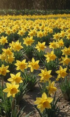 Sunlit field of vibrant yellow daffodils, petals glistening ,  image,  detail