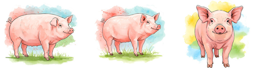 Three pink pigs standing on green grass with watercolor splashes behind each one in a row format on transparent background