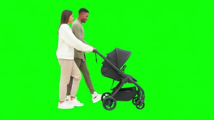 A Stroll Through Parenthood: A modern couple enjoys a leisurely walk, joyfully pushing a contemporary stroller, a beautiful depiction of family life in vibrant greenery.