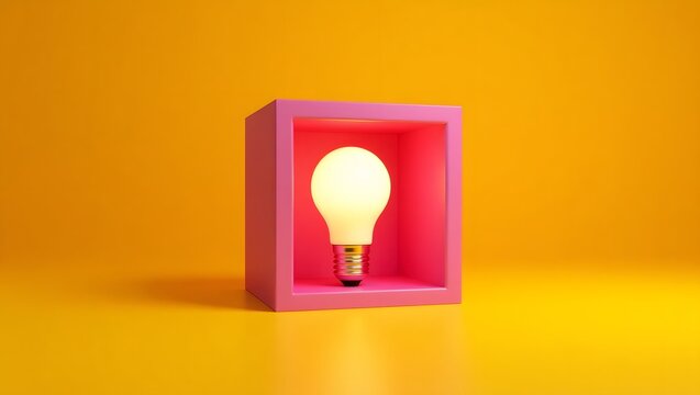 Light bulb in pink cube on yellow background idea inspiration innovation design