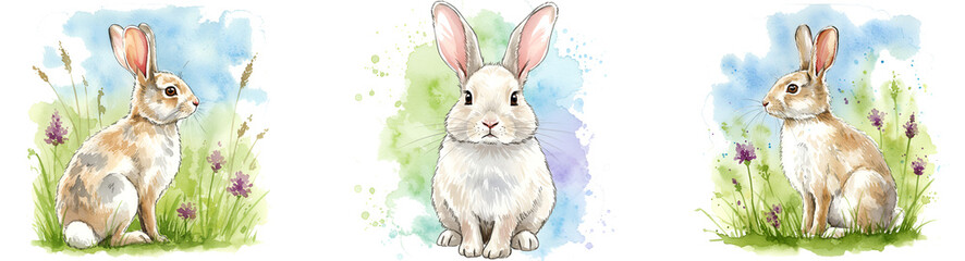 Three rabbits in a watercolor style with flowers and grass on a light and colorful background design on transparent background