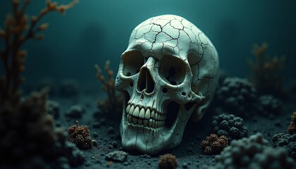 A skull resting on the seabed, conveying a sense of mystery and the passage of time. The skull's presence creates a compelling and evocative visual experience.