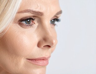 Close-up portrait of a crying woman with tear on white background